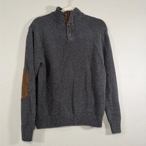 Gray Sweater with Brown Elbow Patches Quarter Button Down Crew Neck Warm Men L